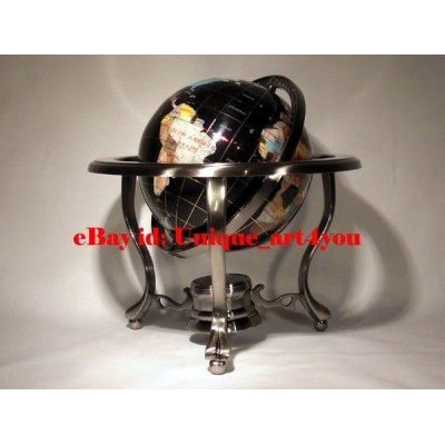 14" Black ocean Silver 3- leg table stand Gem MOP Gemstone World MAP globe 722301695944  171040469138